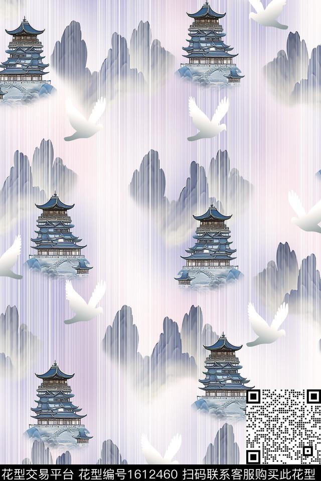 中国风数码花型风景景观数码印花花型下载（图片编号: 1612460） - 瓦栏（Walan）