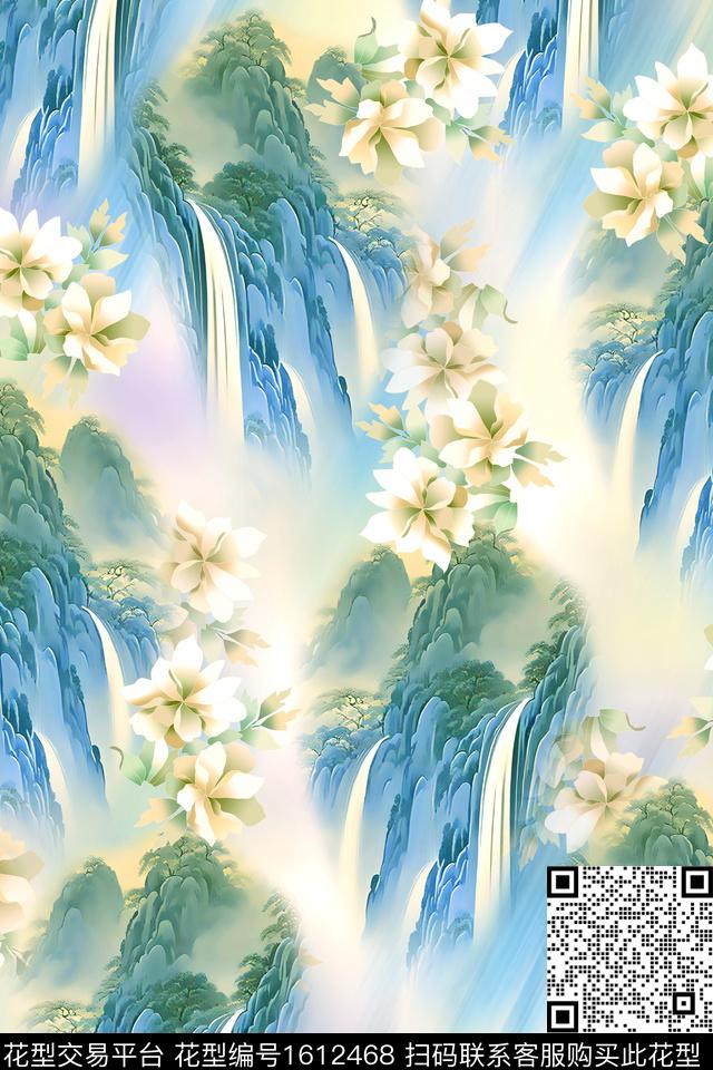 中国风花卉风景景观数码印花花型下载（图片编号: 1612468） - 瓦栏（Walan）