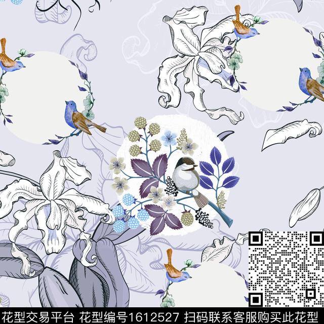 大牌风花鸟线条花卉数码印花花型下载（图片编号: 1612527） - 瓦栏（Walan）