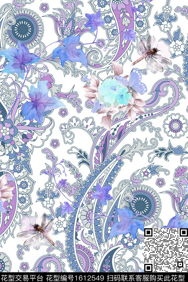 蜻蜓民族风水彩花卉数码印花花型下载（图片编号: 1612549） - 瓦栏（Walan）