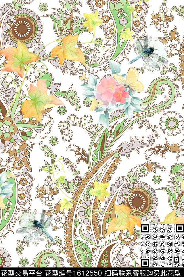 蜻蜓民族风水彩花卉数码印花花型下载（图片编号: 1612550） - 瓦栏（Walan）