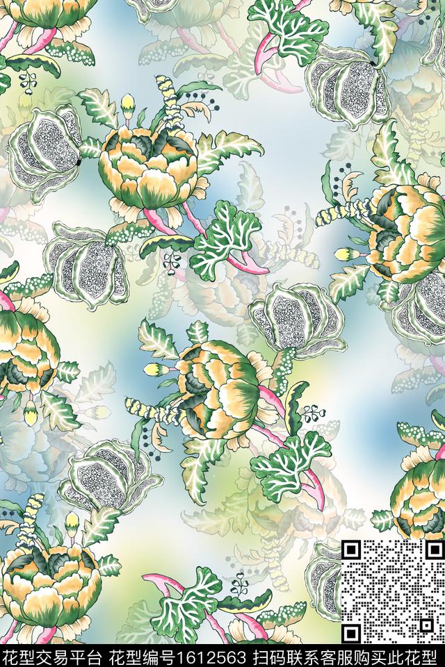 满版散花香云纱渐变数码印花花型下载（图片编号: 1612563） - 瓦栏（Walan）
