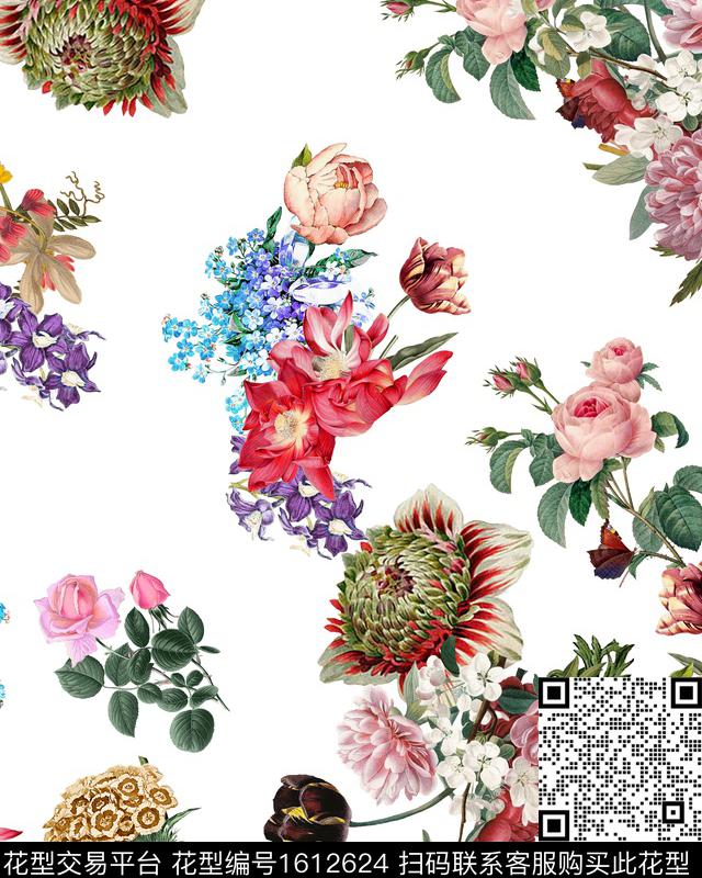 复古清爽底花卉花卉数码印花花型下载（图片编号: 1612624） - 瓦栏（Walan）