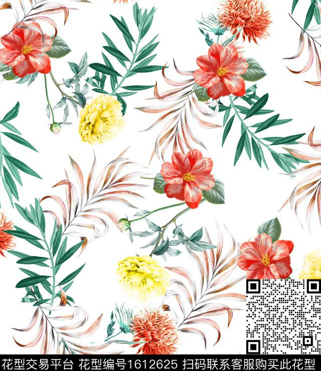清爽底花卉花卉数码印花花型下载（图片编号: 1612625） - 瓦栏（Walan）