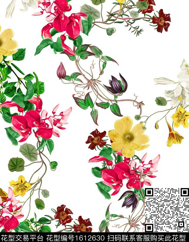 清爽底花卉花卉绿植树叶数码印花花型下载（图片编号: 1612630） - 瓦栏（Walan）