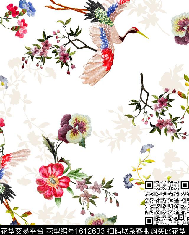 中国风仙鹤花卉数码印花花型下载（图片编号: 1612633） - 瓦栏（Walan）
