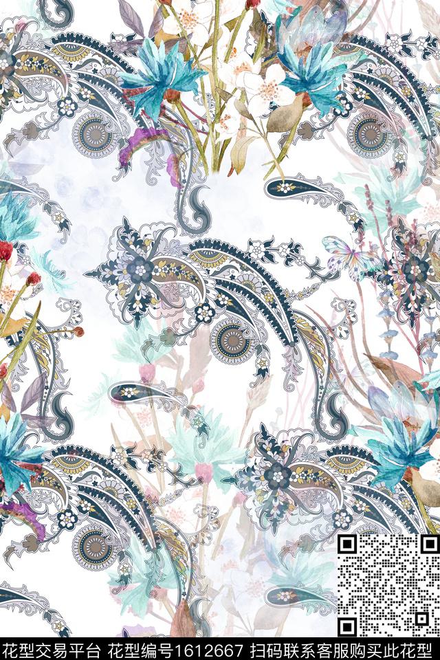 民族风水彩花卉火腿花数码印花花型下载（图片编号: 1612667） - 瓦栏（Walan）