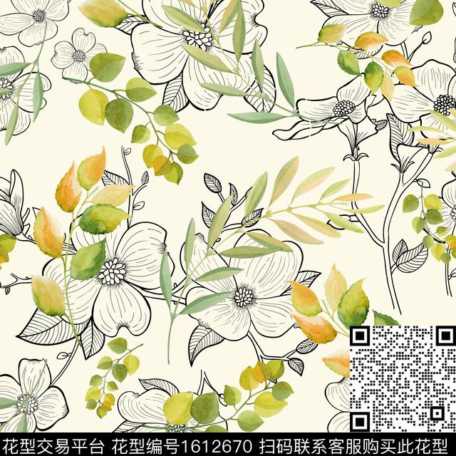 花卉线条花卉绿植树叶数码印花花型下载（图片编号: 1612670） - 瓦栏（Walan）