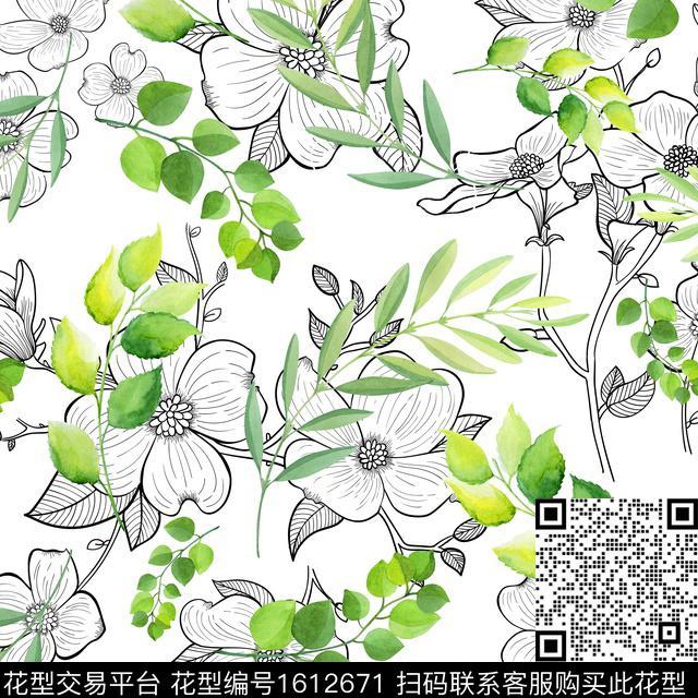 休闲水彩花卉线条花卉数码印花花型下载（图片编号: 1612671） - 瓦栏（Walan）