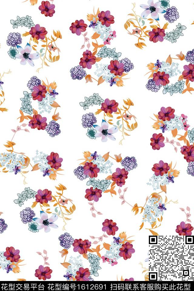 玫瑰花小碎花水彩数码印花花型下载（图片编号: 1612691） - 瓦栏（Walan）