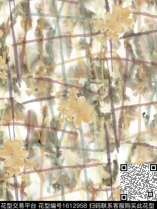 花卉水彩笔触数码印花花型下载（图片编号: 1612958） - 瓦栏（Walan）