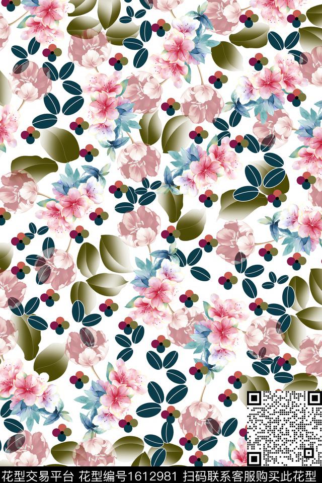 满版散花花卉绿植树叶数码印花花型下载（图片编号: 1612981） - 瓦栏（Walan）