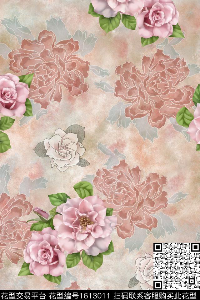 晕染肌理牡丹花卉数码印花花型下载（图片编号: 1613011） - 瓦栏（Walan）