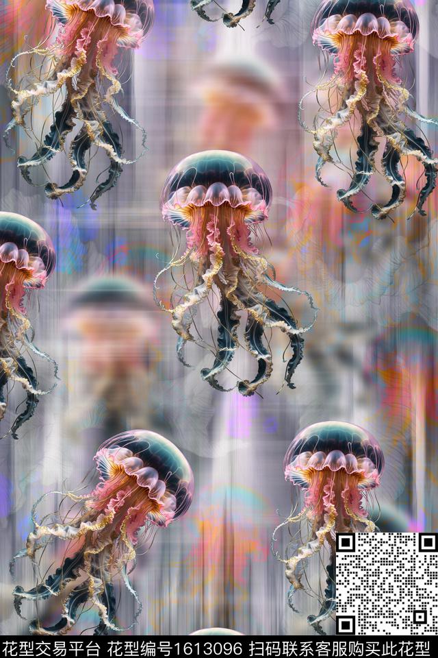 模糊底纹水母海洋世界数码印花花型下载（图片编号: 1613096） - 瓦栏（Walan）