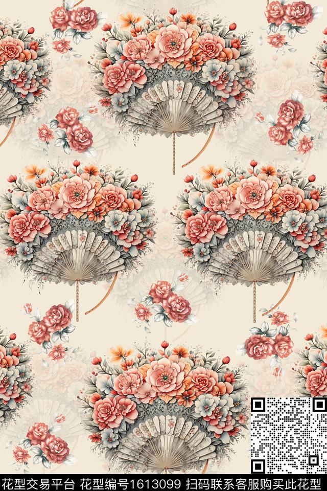 花卉扇子满版散花数码印花花型下载（图片编号: 1613099） - 瓦栏（Walan）