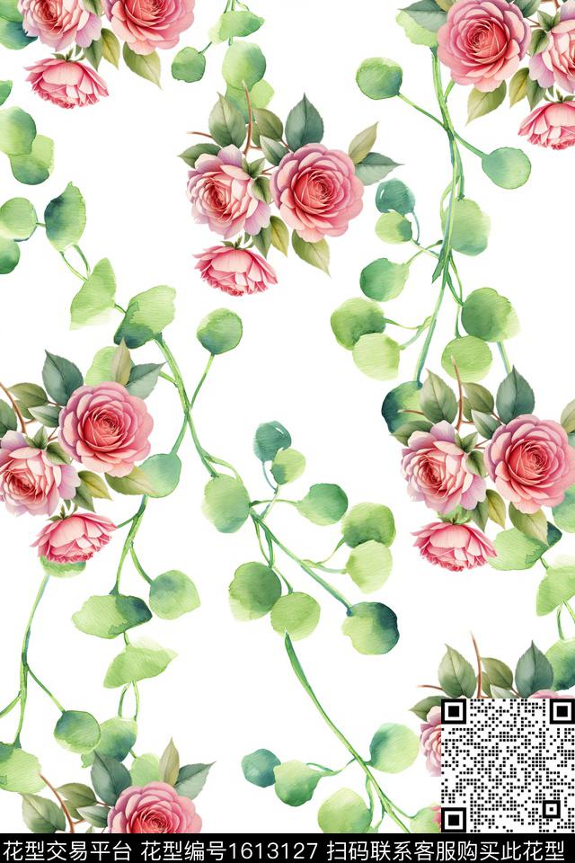 花卉水彩花卉清爽底花卉数码印花花型下载（图片编号: 1613127） - 瓦栏（Walan）