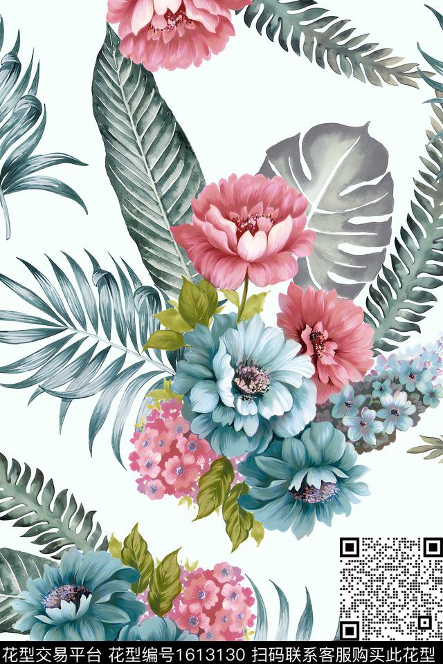 花卉大花棕榈树数码印花花型下载（图片编号: 1613130） - 瓦栏（Walan）