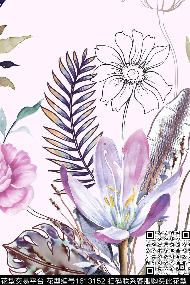 花卉大花线条花卉数码印花花型下载（图片编号: 1613152） - 瓦栏（Walan）