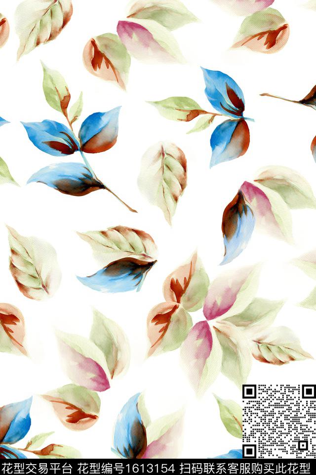 年轻女装水彩绿植树叶数码印花花型下载（图片编号: 1613154） - 瓦栏（Walan）