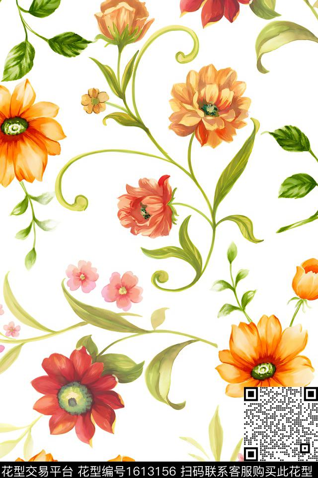 花卉水彩花卉清爽底花卉数码印花花型下载（图片编号: 1613156） - 瓦栏（Walan）