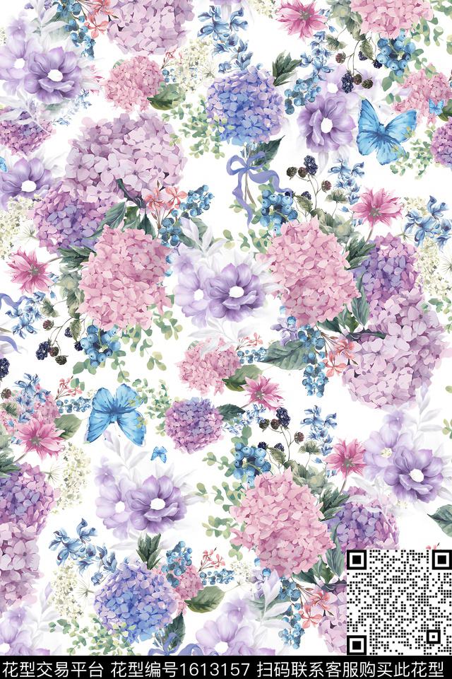 花卉水彩绣球花数码印花花型下载（图片编号: 1613157） - 瓦栏（Walan）