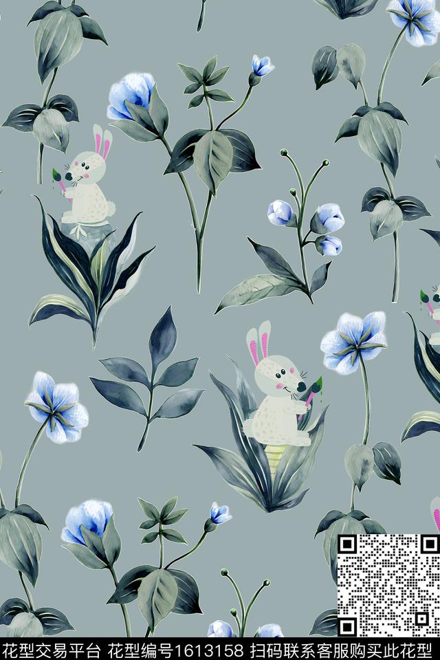 植物花卉兔子数码印花花型下载（图片编号: 1613158） - 瓦栏（Walan）
