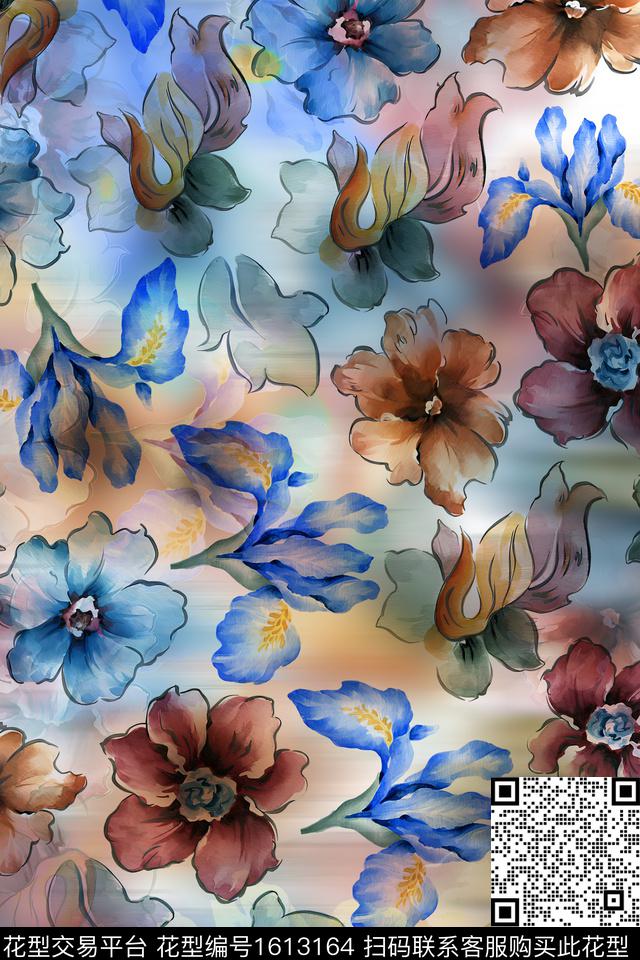 花卉水彩花卉影花数码印花花型下载（图片编号: 1613164） - 瓦栏（Walan）