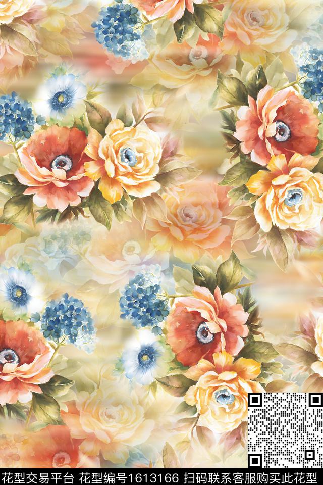 花卉水彩花卉影花数码印花花型下载（图片编号: 1613166） - 瓦栏（Walan）