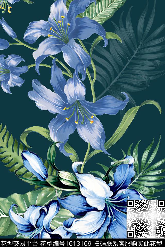 大花花卉绿植树叶数码印花花型下载（图片编号: 1613169） - 瓦栏（Walan）