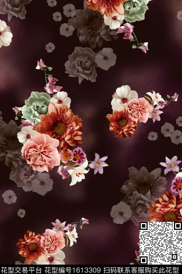 影花大花花卉数码印花花型下载（图片编号: 1613309） - 瓦栏（Walan）