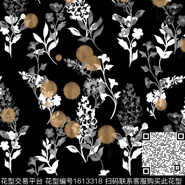 花卉黑底花卉波点数码印花花型下载（图片编号: 1613318） - 瓦栏（Walan）