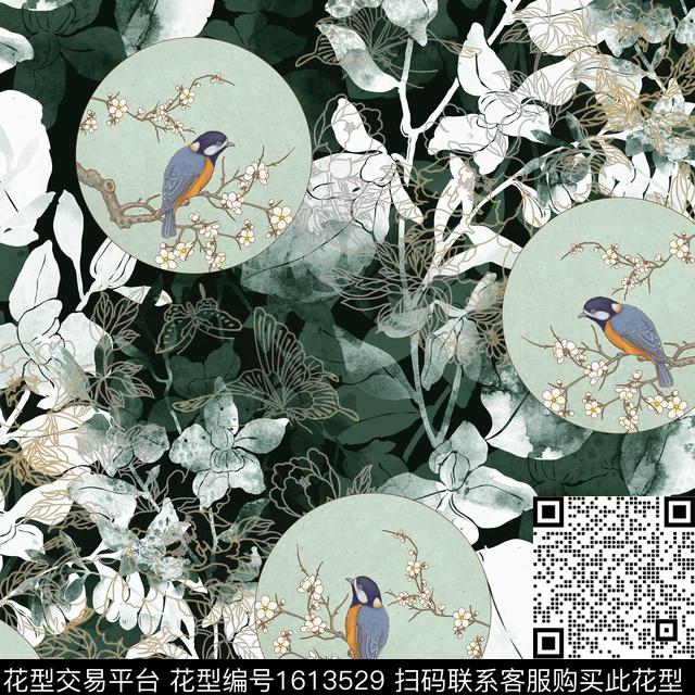 水墨风线条花卉工笔花鸟数码印花花型下载（图片编号: 1613529） - 瓦栏（Walan）