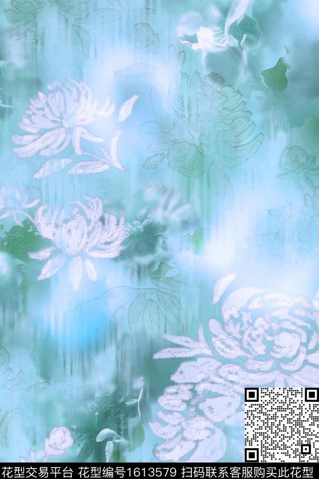 花卉水墨笔触中国风数码印花花型下载（图片编号: 1613579） - 瓦栏（Walan）
