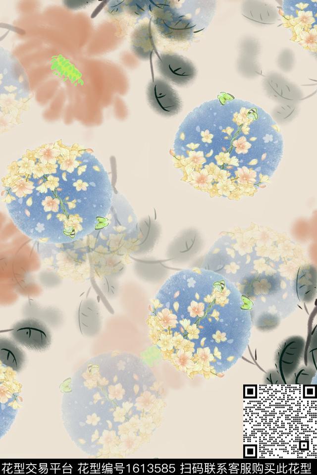 花卉水彩花卉水墨风数码印花花型下载（图片编号: 1613585） - 瓦栏（Walan）