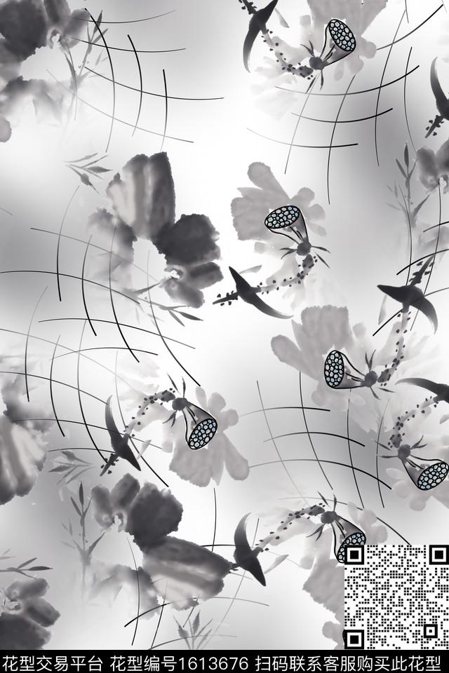 水墨风荷花线条数码印花花型下载（图片编号: 1613676） - 瓦栏（Walan）