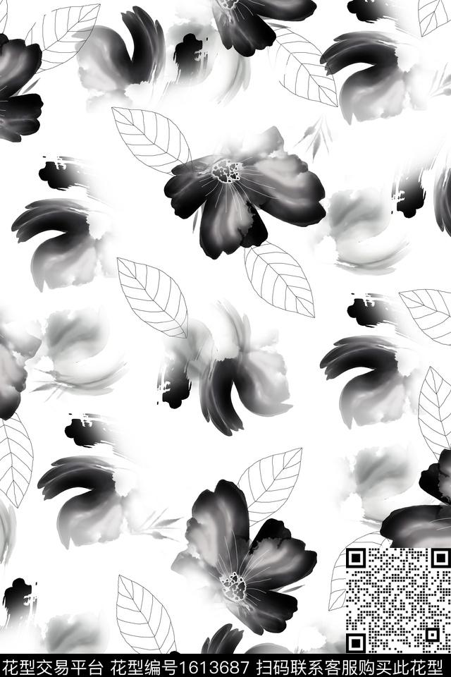 满版散花水墨风黑白花型数码印花花型下载（图片编号: 1613687） - 瓦栏（Walan）