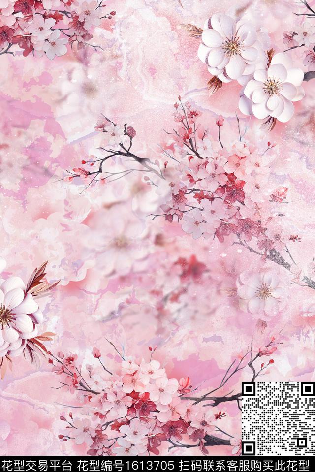 花卉中国风模糊花卉数码印花花型下载（图片编号: 1613705） - 瓦栏（Walan）