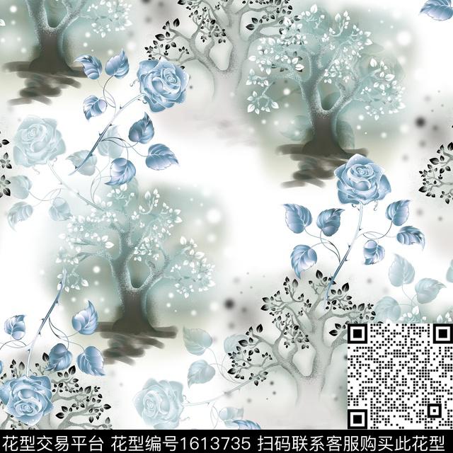 趣味晕染肌理玫瑰花数码印花花型下载（图片编号: 1613735） - 瓦栏（Walan）