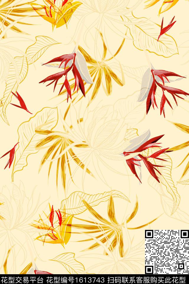 花卉线条花卉绿植树叶数码印花花型下载（图片编号: 1613743） - 瓦栏（Walan）
