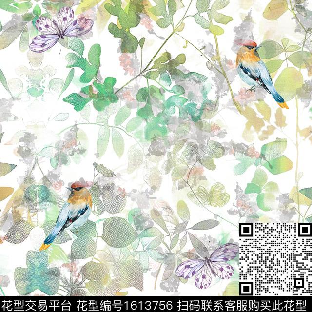 水彩蝴蝶鸟数码印花花型下载（图片编号: 1613756） - 瓦栏（Walan）