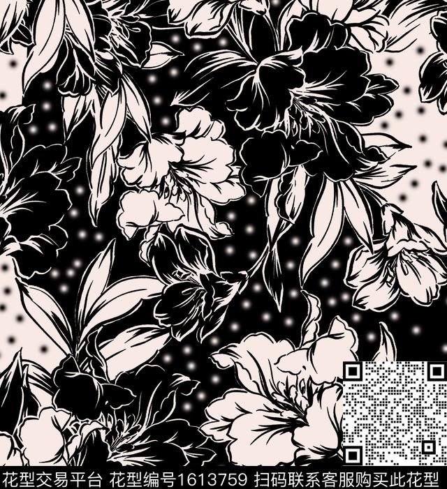 花卉黑底花卉波点数码印花花型下载（图片编号: 1613759） - 瓦栏（Walan）