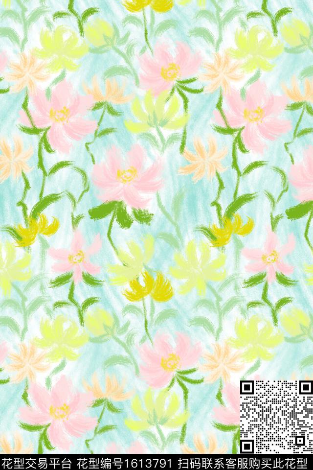 花卉笔触手绘数码印花花型下载（图片编号: 1613791） - 瓦栏（Walan）