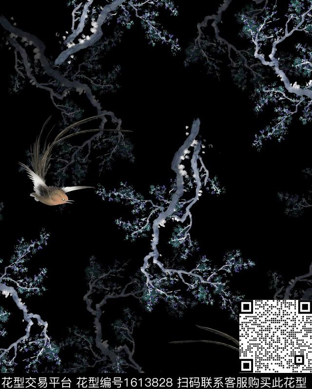 桃花水墨风花鸟数码印花花型下载（图片编号: 1613828） - 瓦栏（Walan）