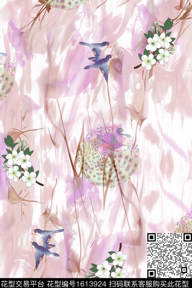 花卉鸟水彩数码印花花型下载（图片编号: 1613924） - 瓦栏（Walan）