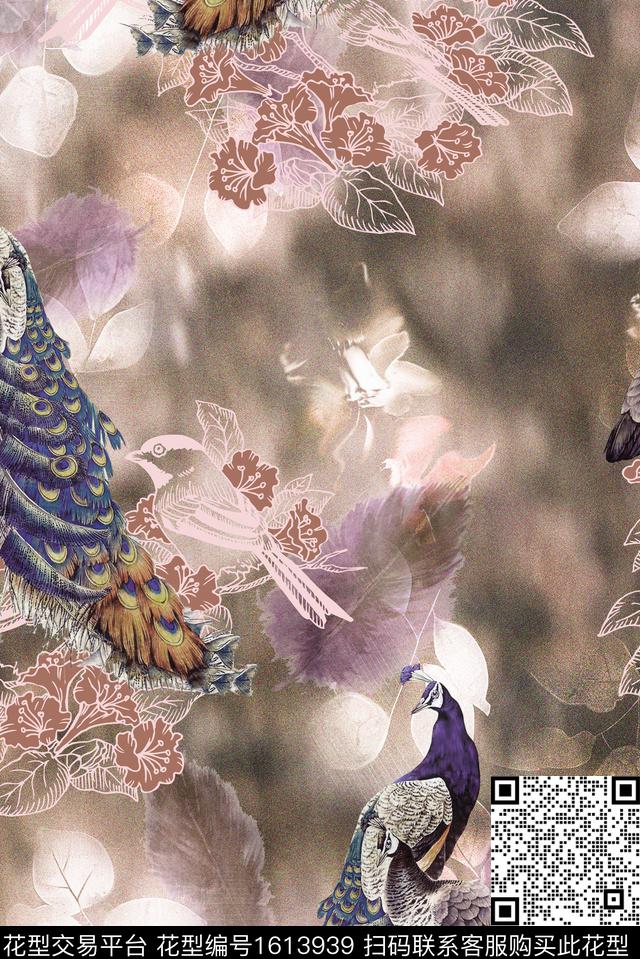 晕染肌理孔雀羽毛数码印花花型下载（图片编号: 1613939） - 瓦栏（Walan）
