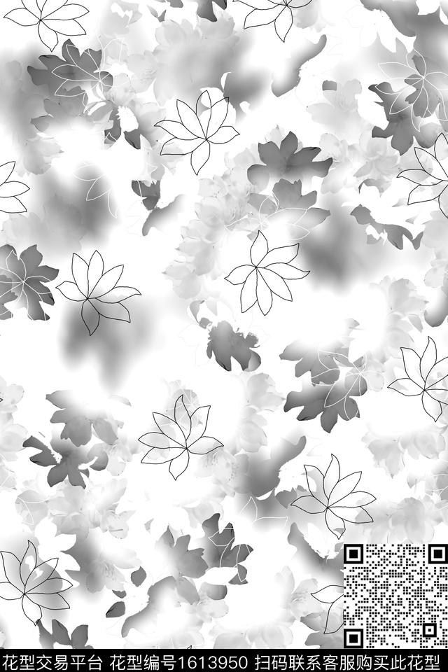 满版散花花卉水墨风数码印花花型下载（图片编号: 1613950） - 瓦栏（Walan）