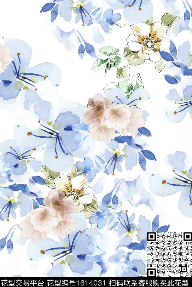 花卉水彩花卉清爽底花卉数码印花花型下载（图片编号: 1614031） - 瓦栏（Walan）