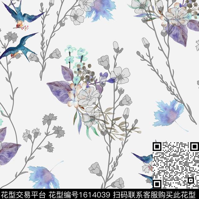 小清新水彩花卉花鸟数码印花花型下载（图片编号: 1614039） - 瓦栏（Walan）