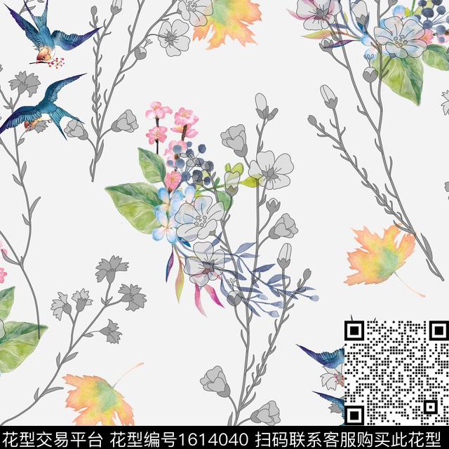 花卉枝条花鸟数码印花花型下载（图片编号: 1614040） - 瓦栏（Walan）