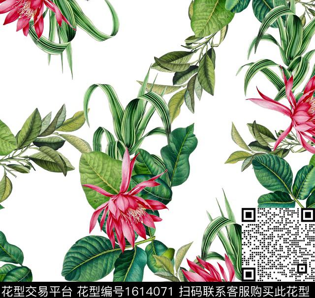 花卉绿植树叶清爽底花卉数码印花花型下载（图片编号: 1614071） - 瓦栏（Walan）